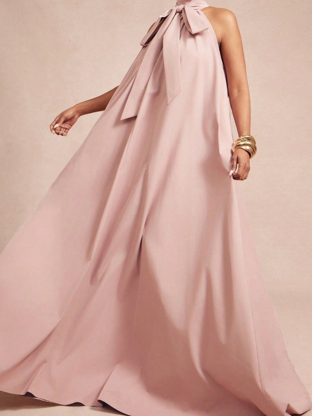 Pink Elegant Women's Woven Bow Tie Halter Neck A Line Maxi Dress